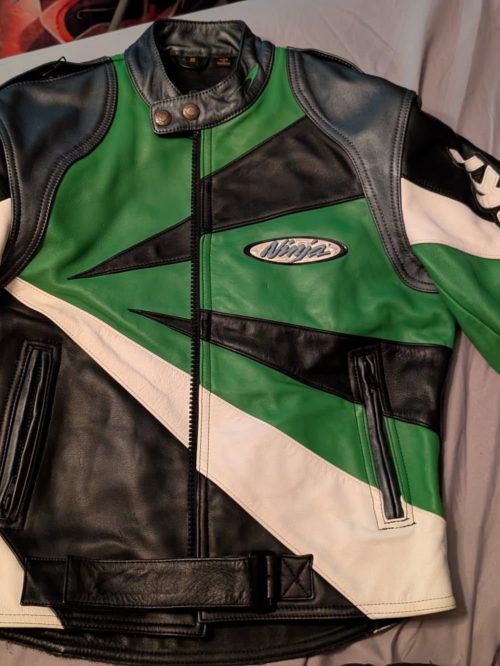 Ninja Green Black White Leather Motorcycle Jacket with Racing Stripe
